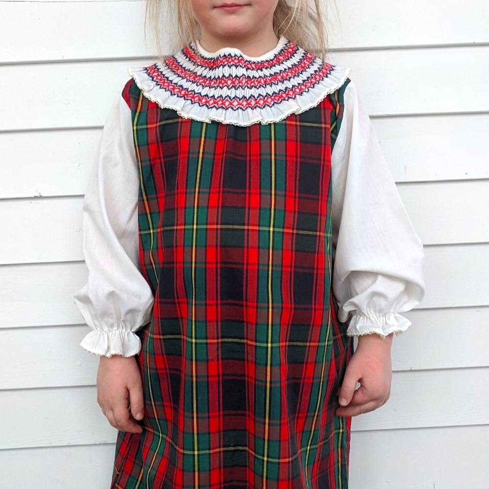 Vintage Girls Plaid Dress Green Red 60s 8 10 12